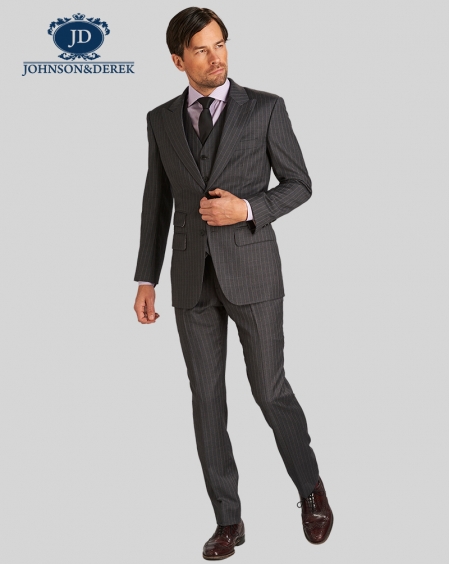 深咖啡色条纹商务休闲西装三件套定制