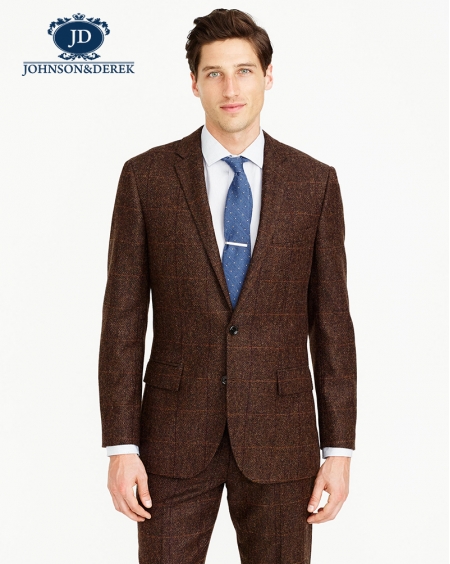 JD高级定制100%羊毛褐色格子西装套