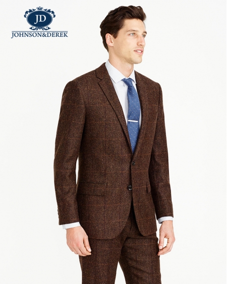 JD高级定制100%羊毛褐色格子西装套