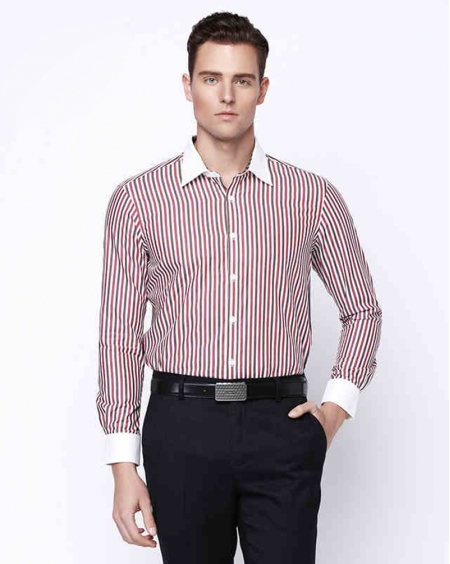 JD高级私人定制长袖经典商务红白条纹衬衫